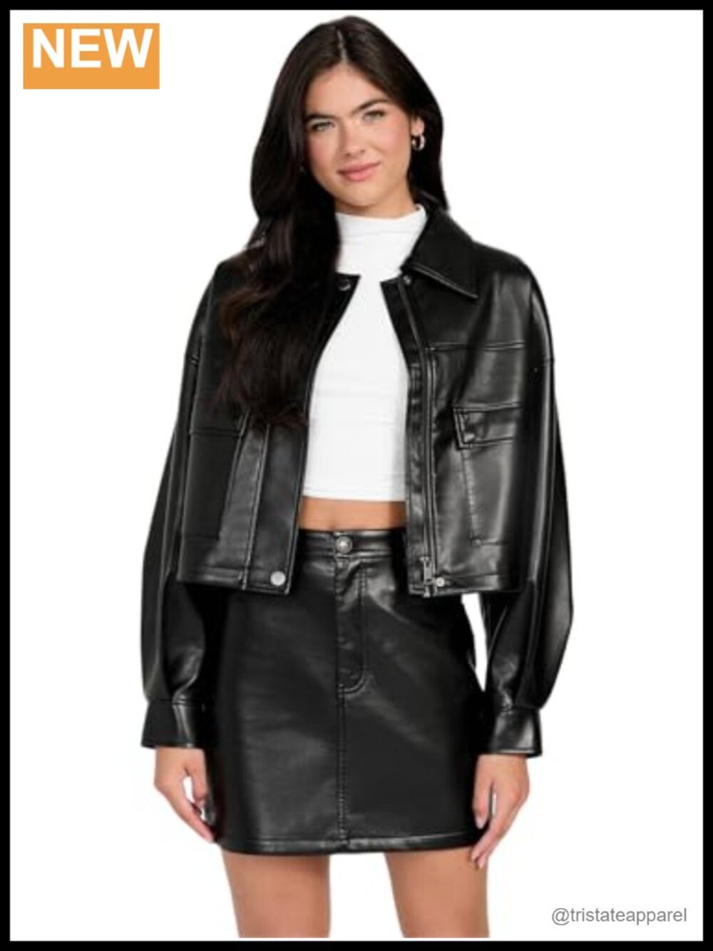 Crop Faux Leather Jacket Long Sleeve Collared Hidden Zipper Pockets Drawcord